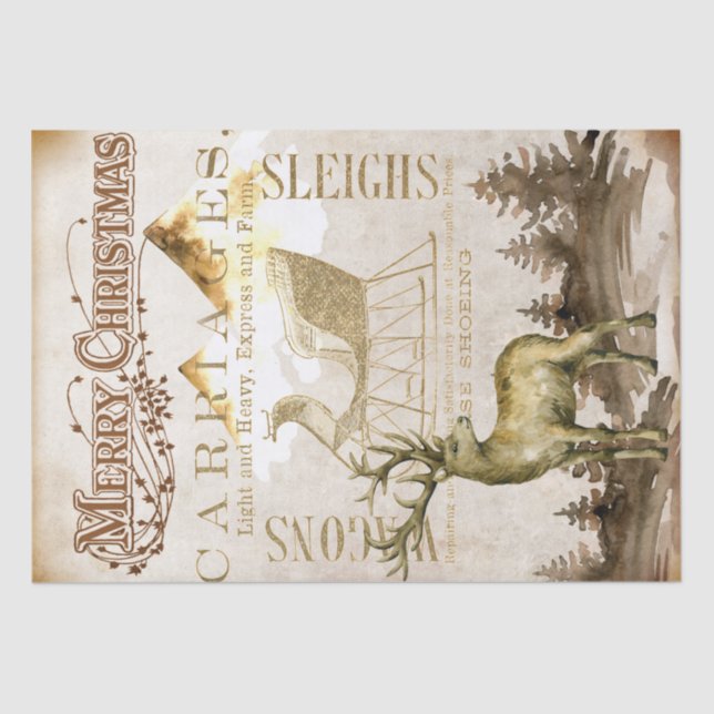 Papel De Seda Merry Christmas Reindeer e Sleigh Decoupage Tiss (Frente )