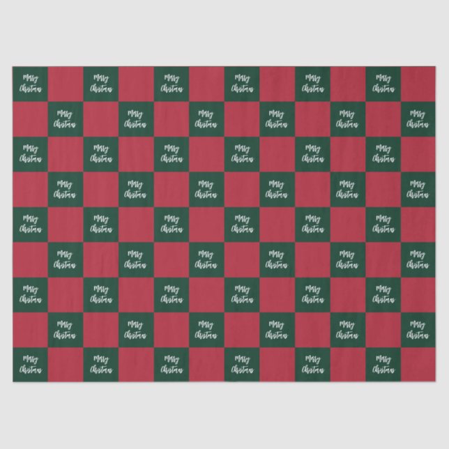 Papel De Seda Merry Christmas Script Green and Red Checkerboard (Frente )