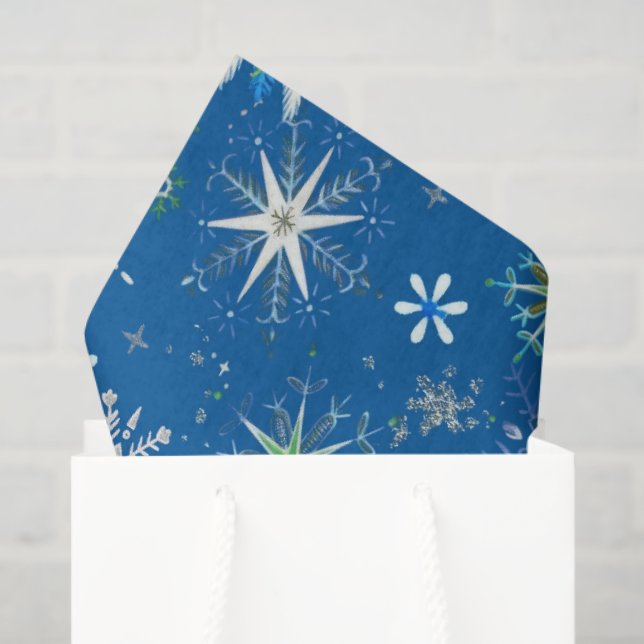 Papel De Seda Mid-Century Snowflakes Galore On Blue (Sacola de presentes)