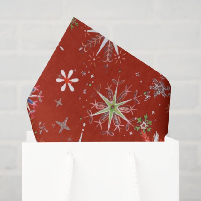 Papel De Seda Mid-Century Snowflakes Galore On Red (Sacola de presentes)