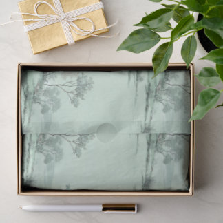 Papel De Seda Minimal Japanese Landscape Trees Soft Green Water