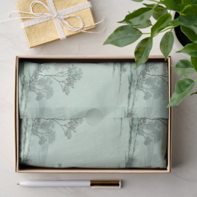 Papel De Seda Minimal Japanese Landscape Trees Soft Green Water (Presente)