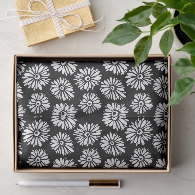 Papel De Seda Minimalist Groovy Black and White Daisy Pattern (Presente)