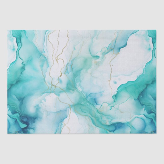 Papel De Seda Mint Aqua Dourada Ink Marble (Frente )