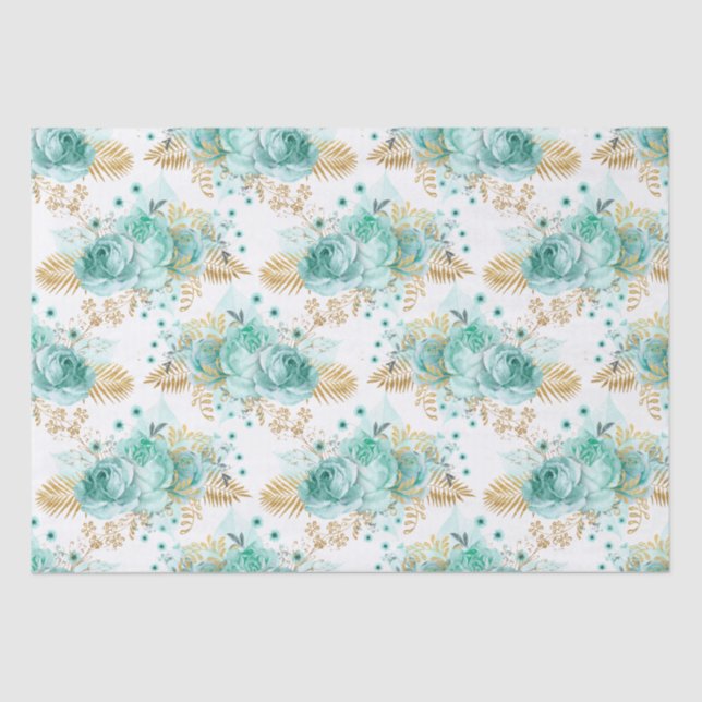 Papel De Seda Mint Dourada Glam Floral (Frente )