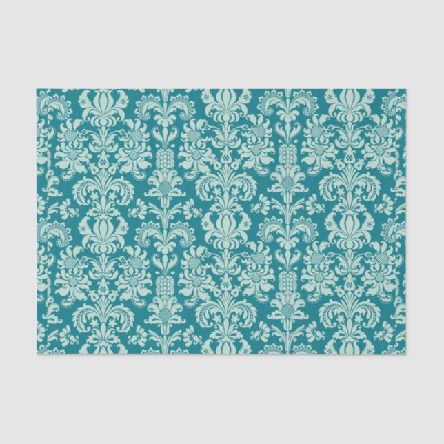 Papel De Seda Mint-green Floral Damasco & Turquoise Fundo (Frente )
