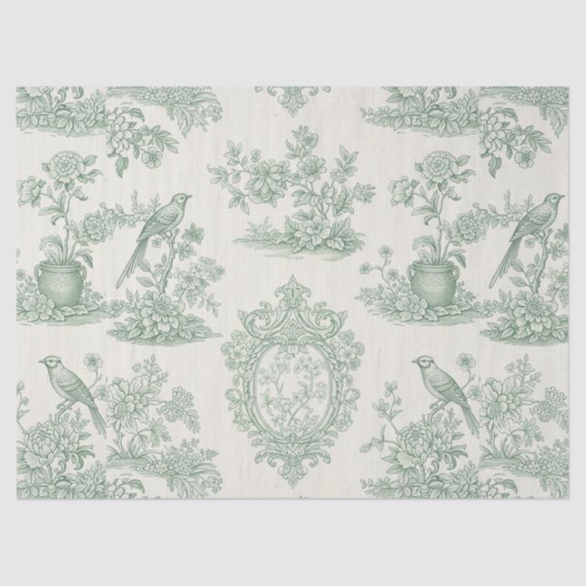 Papel De Seda Mint Green Toile Floral and Bird Pattern (Frente )