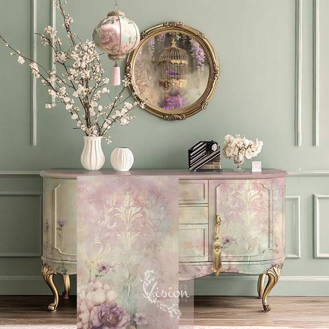 Papel De Seda Mint Mauve Romance, Damask de Efeito Embarcado (Mint Mauve Romance Baroque Embossed Effect Patterns, Peony & Hummingbird, Decoupage Tissue Paper)