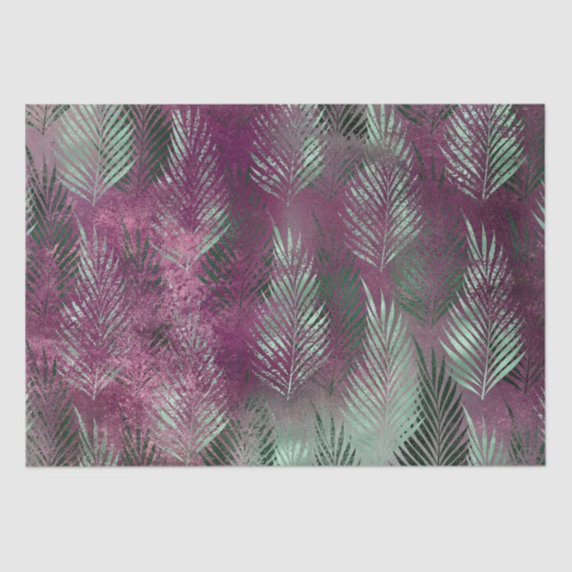 Papel De Seda Mint Purple Tropical Leaves Abstrato (Frente )