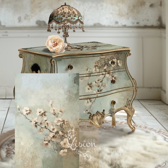 Papel De Seda Mint Sage Green Abstrato Cherry Blossoms (Rustic Charm Mint Sage Green, Abstract Cherry Blossom Branch Decoupage Tissue Paper.)