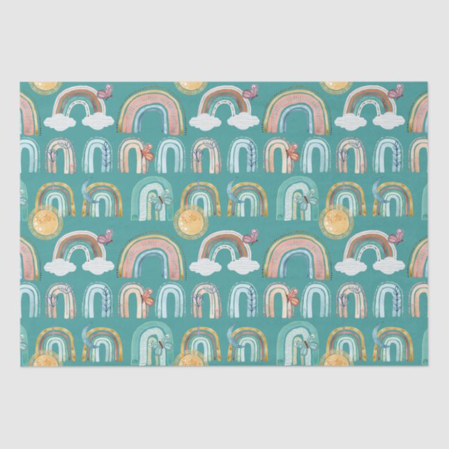 Papel De Seda Modern Boho Rainbow Teal Terracotta Mostard Pink (Frente )