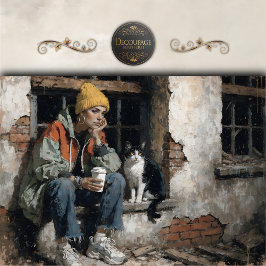 Papel De Seda Modern Girl with Cat Urban Decoupage