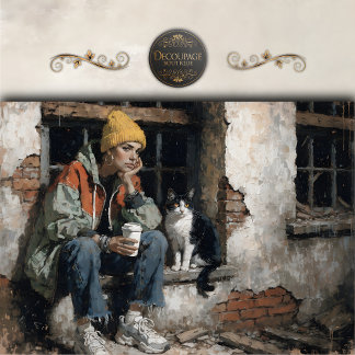 Papel De Seda Modern Girl with Cat Urban Decoupage