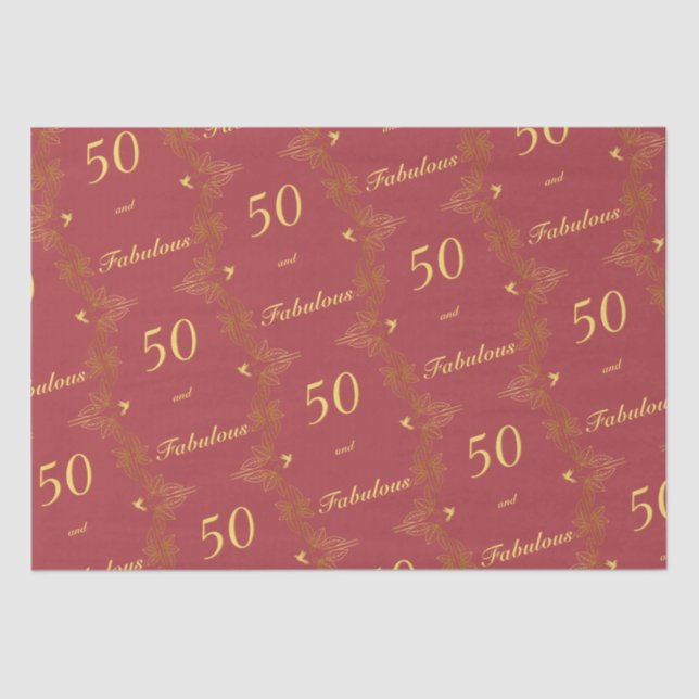 Papel De Seda Moderno Vermelho Dourado 50 Fabuloso Aniversário (Frente )
