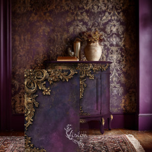 Papel De Seda Moldura Dourada Barroca Sobre Damasco Roxo