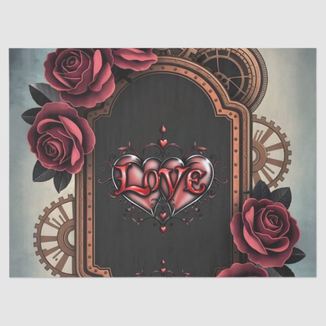 Papel De Seda Moldura Steampunk com Rosas vermelhas e engrenagen (Frente )