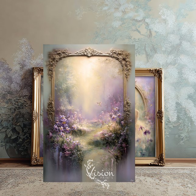 Papel De Seda Momentos Delicados Jardim de Lavanda Beija-Flor (Hummingbird Garden Print in front of gold ornate frames and botanical wall mural on a rug
)