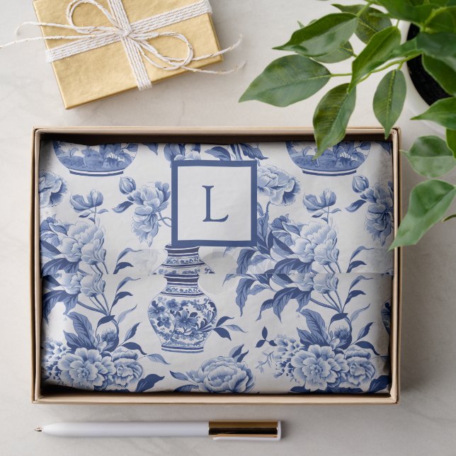 Papel De Seda Monograma Chinoiserie Azul  (Presente)