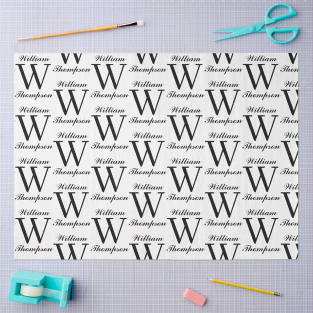 Papel De Seda Monograma de Caligrafia em Script Preto e Branco E (Arte )