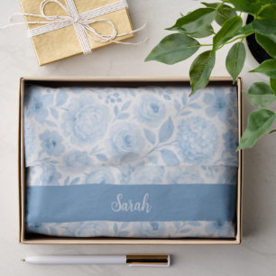 Papel De Seda Monograma de Nome Floral em Aquarela Azul Branco