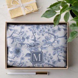 Papel De Seda Monograma de Padrão Toile Floral Azul Vintage