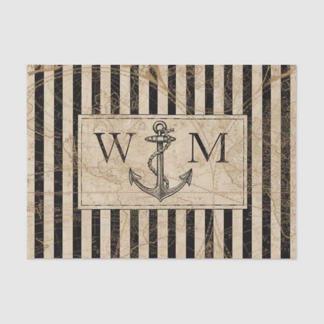 Papel De Seda Monograma do Mapa Mundial da Ancoragem Náutica (Frente )