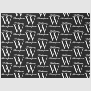 Papel De Seda Monograma Elegante de Caligrafia em Preto e Branco