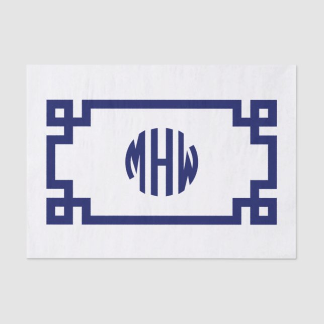 Papel De Seda Monograma Grego em Círculo Azul Naval Branco DIY (Frente )