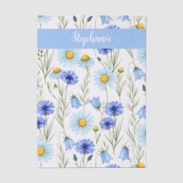 Papel De Seda Monograma Nome Flor Silvestre Aquarela Azul