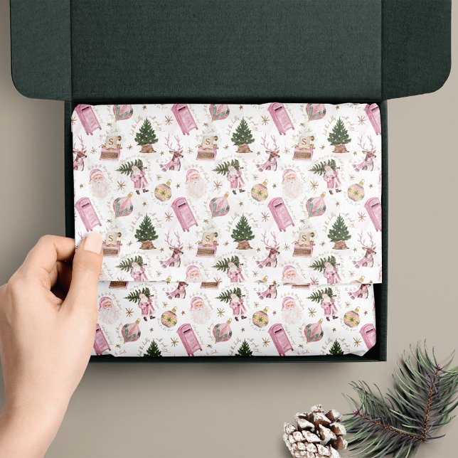 Papel De Seda Monograma Personalizado de Natal Retroativo Papais (Vintage Santa Retro Pink Christmas Custom Monogram Tissue Paper)