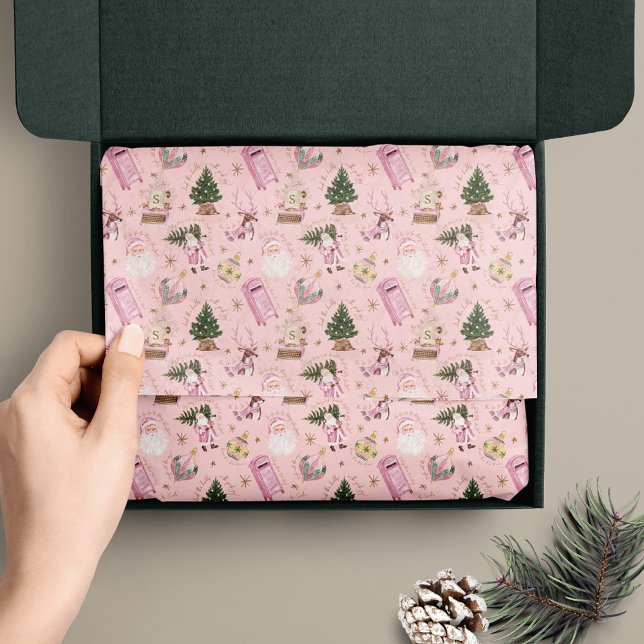 Papel De Seda Monograma Personalizado de Natal Retroativo Papais (Vintage Santa Retro Pink Christmas Custom Monogram Tissue Paper)