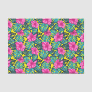 Papel De Seda Monstera Leaves e Hibiscus, Rosa Teal em Amarelo