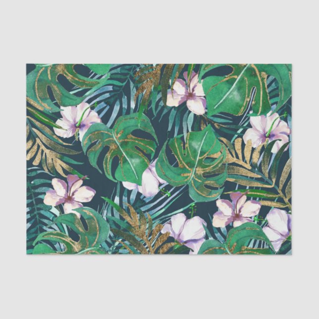 Papel De Seda Monstro Dourado Verde Tropical Lilac Deixa Floral (Frente )