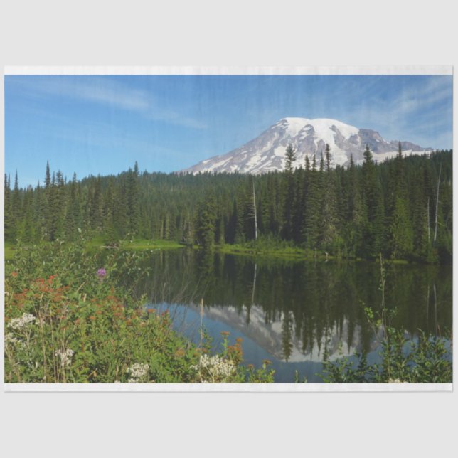 Papel De Seda Monte Rainier Lake Refletido com flores selvagens (Frente )