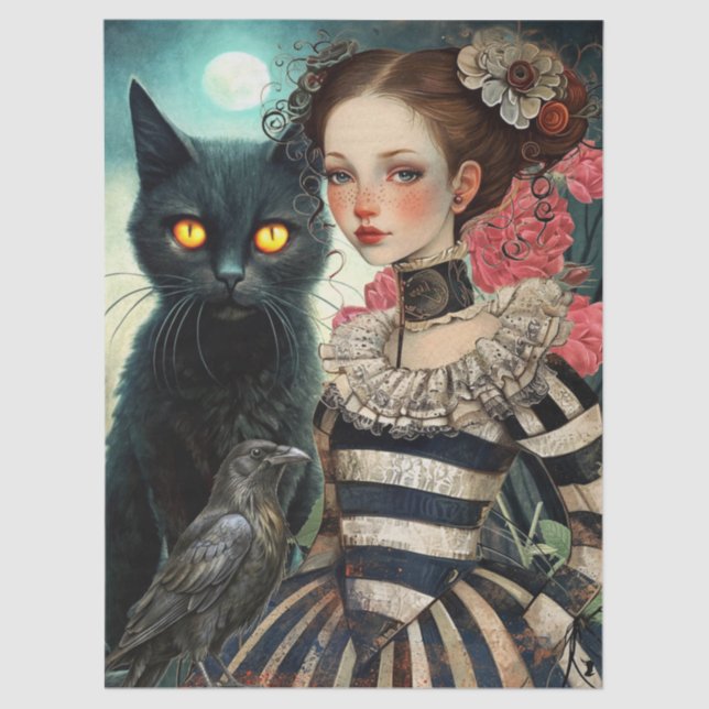 Papel De Seda Moonlit Black Cat Goth Girl & Raven Decoupage (Frente )