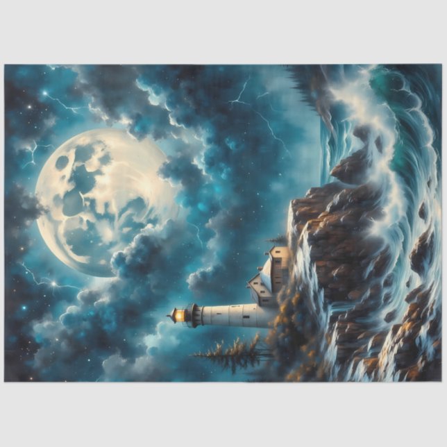 Papel De Seda Moonlit Lighthouse Cliff – Fantasy Night Seascape  (Frente )