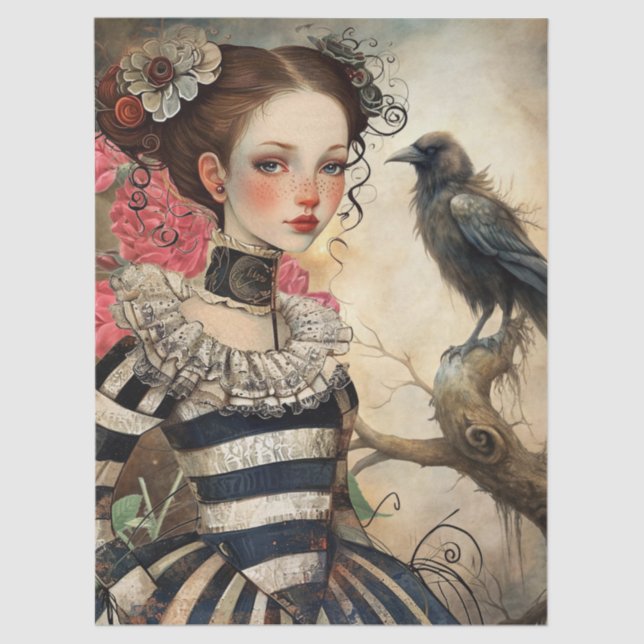 Papel De Seda Moonlit Victorian Gothic Girl & Raven Fantasy  (Frente )