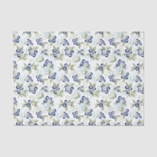 Papel De Seda Morangos Azuis Aquarela, Folhas, Flores de Mirtilo