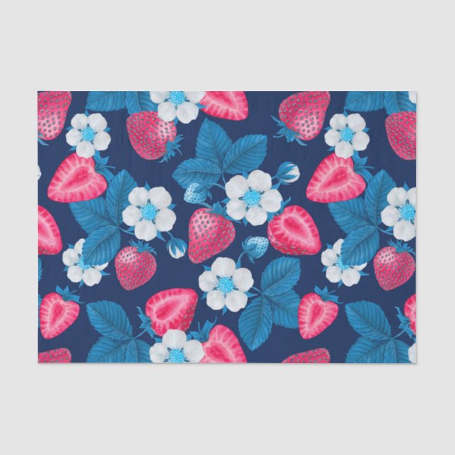 Papel De Seda Morangos cor-de-rosa em azul (Frente )