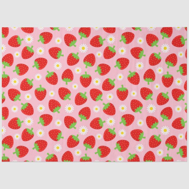 Papel De Seda Morangos de Verão Fofos & Flores Brancas em Rosa (Frente )