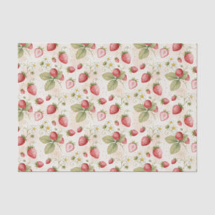 Papel De Seda Morangos, Folhas e Flores em Aquarela