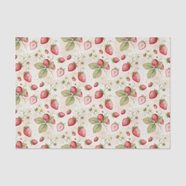 Papel De Seda Morangos, Folhas e Flores em Aquarela (Frente )