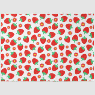 Papel De Seda Morangos Vermelhos Fofos & Flores em Branco