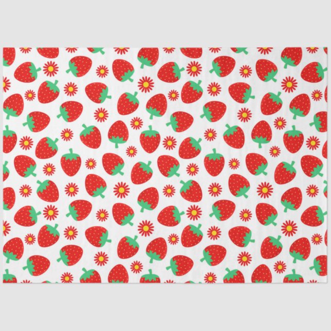 Papel De Seda Morangos Vermelhos Fofos & Flores em Branco (Frente )