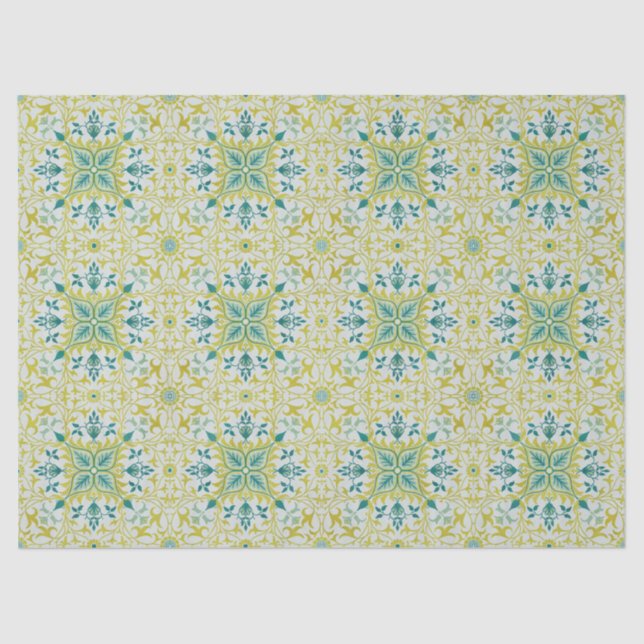 Papel De Seda Morris Yellow Turquoise Vine & Flower Pattern (Frente )