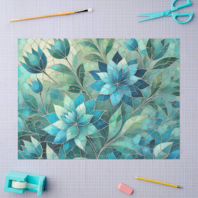 Papel De Seda Mosaic Blue Teal Floral Pattern Decoupage (Arte )