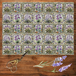 Papel De Seda Mosaico Botânico da Lavanda de Vintage Flores Roxa