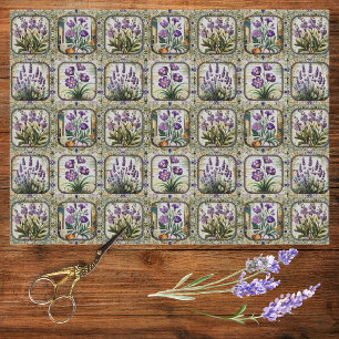 Papel De Seda Mosaico Botânico da Lavanda de Vintage Flores Roxa