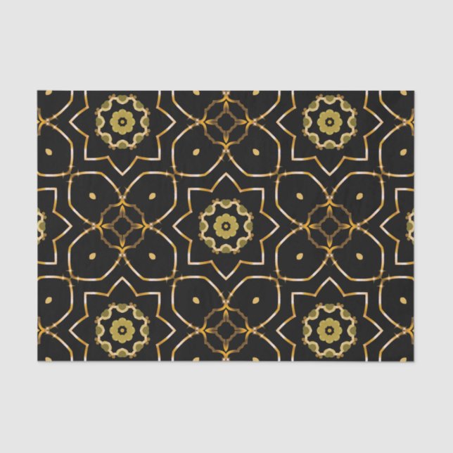 Papel De Seda Mosaico Dourado e Preto Elegante Filigree Sparkly  (Frente )