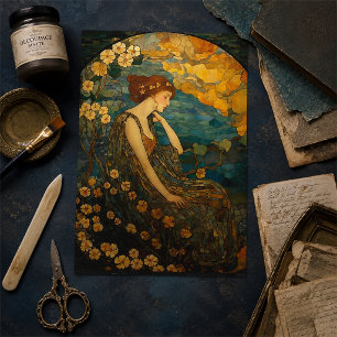 Papel De Seda Mosaico Floral Antigo Dama Dourada ao Luar Decoupa